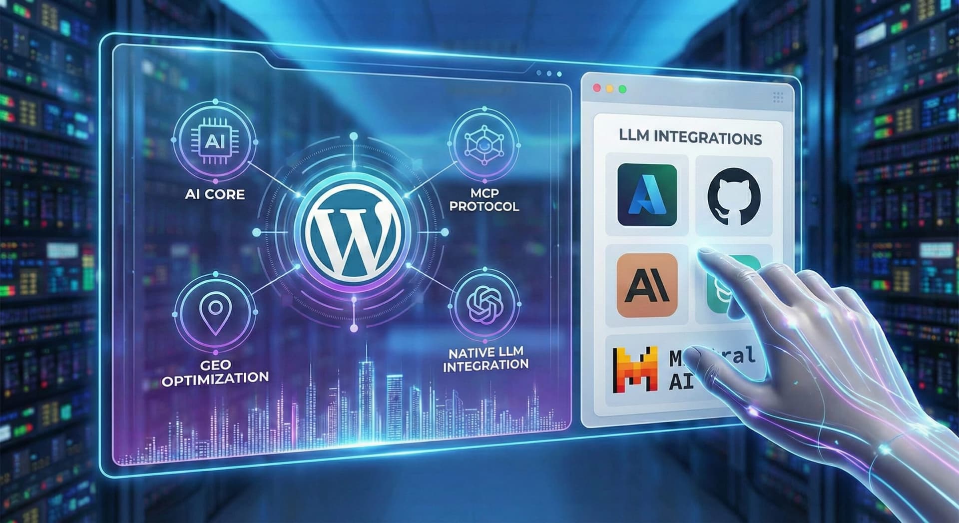 Illustration article WordPress MCP GEO SEO 2026 - connexion IA et CMS